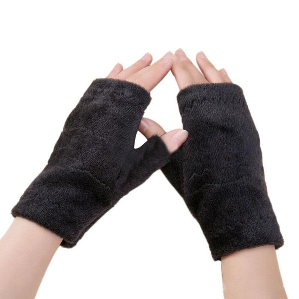 

five fingers gloves warm fashion half-finger thick plush fleece mittens solid color fingerless, Blue;gray