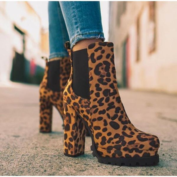 

boots 2021 women leopard high heels ankle round toe flock with stretch cloth platform fashion females shoes big size 42 43, Black