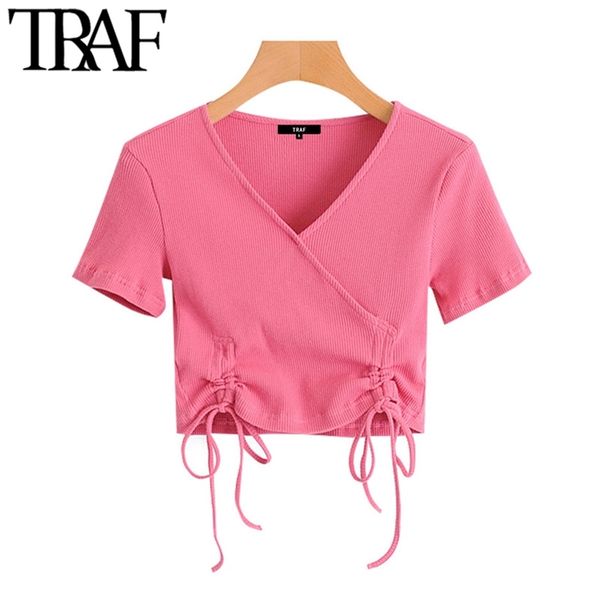 

women fashion lace-up cropped knitted blouses vintage v neck short sleeve female shirts blusas chic 210507, White