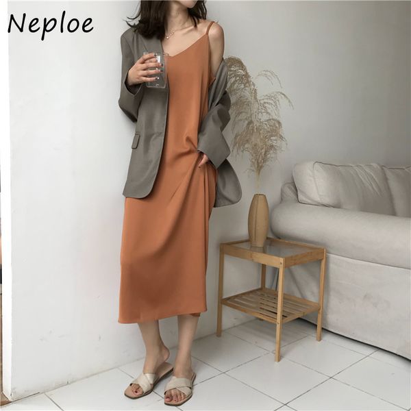 

neploe dress women v neck sleeveless camis ladies vestidos summer elegant mid calf straight female dresses 1e045 210423, Black;gray