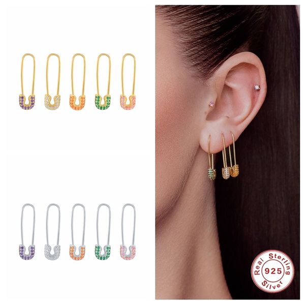 

aide 100% 925 sterling silver fashion colorful charm zircon safety pin stud for women unusual earrings piercing jewelry, Golden;silver