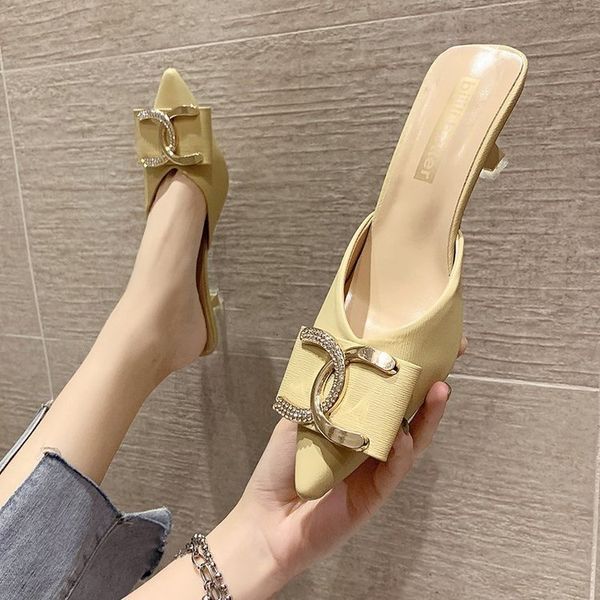 

luxury slippers baotou semi drag summer high and thin heel's pointed slippers 2021 korean children's sho, Black