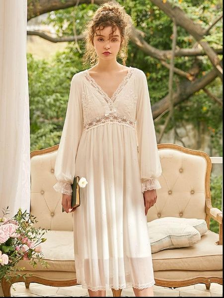 

vintage cotton long nightgowns sleeve women sleepwear sweet white lace princess royal deep v neck night dress, Black;red