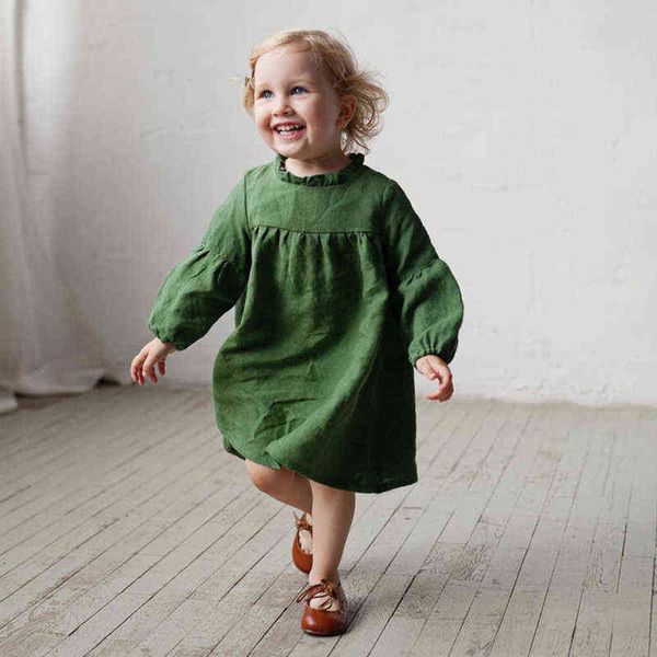 Herbst Kleinkind Kinder Baby Mädchen Kleid Pastoralen Stil Rüschen Langarm Solide Baumwolle Leinen Party Casual Kleid Kinder Kleidung G1218