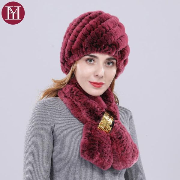 

hats, scarves & gloves sets winter women real rex fur hat and scarf 2 piece set handmade knit genuine caps brand fashion fullness war, Blue;gray