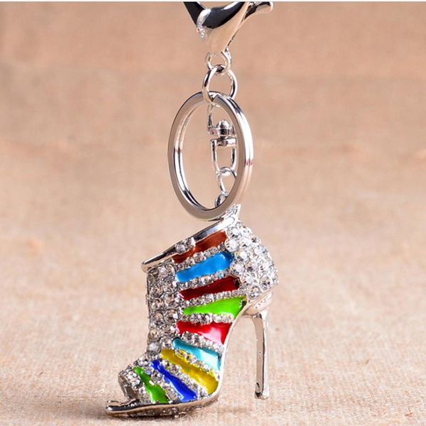 

keychains novelty high heel shoes rhinestone shoe keyring charm women handbag key holder girl bag pendant jewelry, Silver