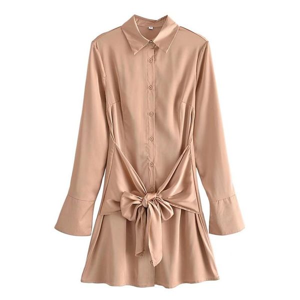 

casual dresses women 2022 fashion soft touch with belt mini dress retro lapel long sleeve button-up female streetwear, Black;gray
