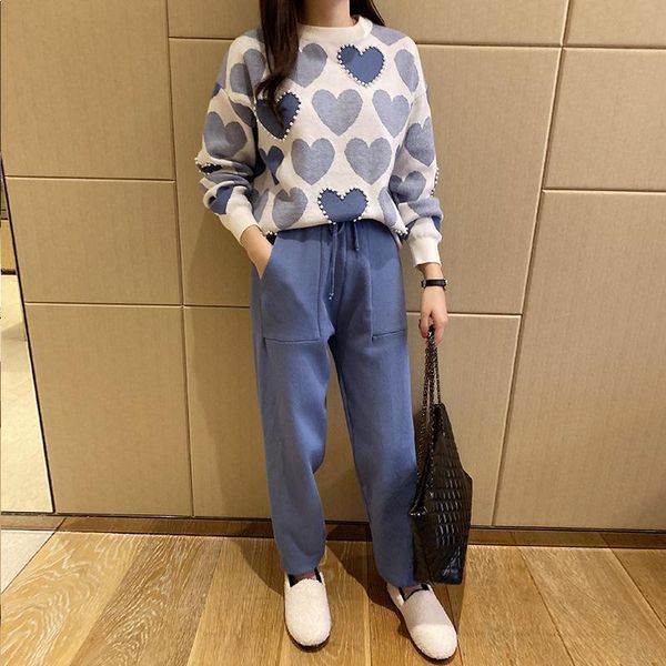 

women's two piece pants kawaii love printed knitted suit women outfit sweet long sleeve sweater and casual female korean tracksuit, White