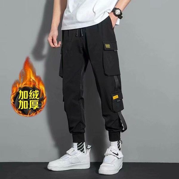 

men's pants winter men cargo warm joggers thicken sweatpants streetwear fleece trousers hip hop casual track, Black