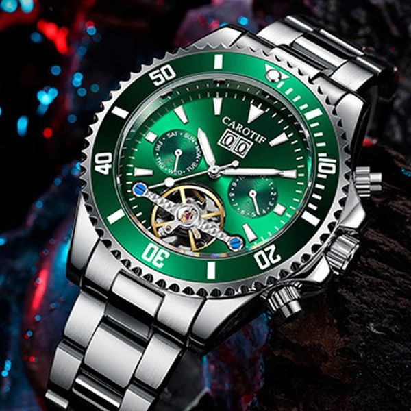 

wristwatches carotif automatic watch men skeleton tourbillon mechanical wrist watches mens waterproof stainless steel calendar reloj hombre, Slivery;brown