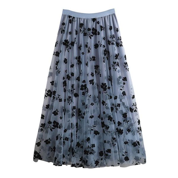 

summer tulle print skirts womens blue mesh pleated long skirt ladies elastic high waist midi 2021 fashion autumn, Black