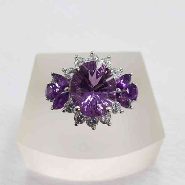 

s925 sier plated platinum inlaid natural amethyst lady's index finger ring, Silver