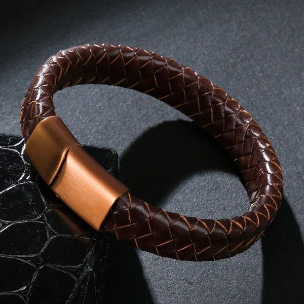 

cuff trendy 12*6mm brown weave genuine leather bracelet men stainlees steel bracelets & bangles male jewelry birthday gifts, White