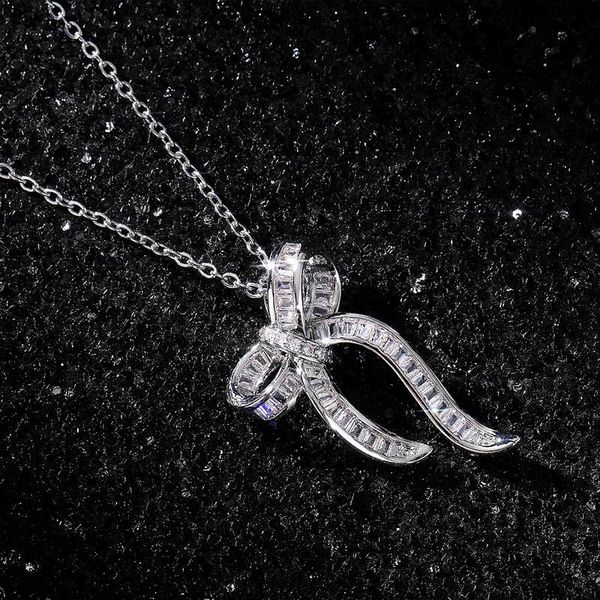 

pendant necklaces caoshi korean style sweet bowknot shape necklace for women full paved dazzling cz stone romantic female neck jewelry, Silver