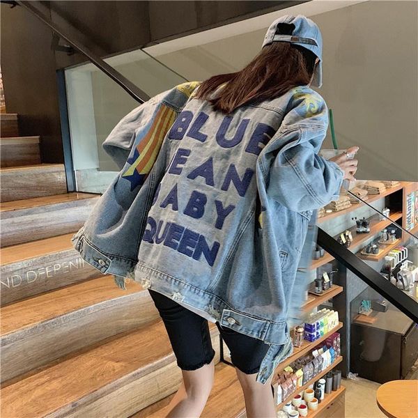 

women's jackets oversize letter embroidery jeans jacket women denim bf loose feminina basic coats light blue 5168, Black;brown