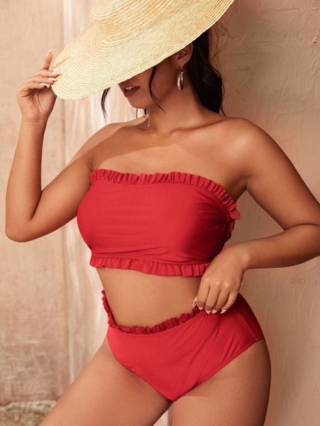 

plus frill trim bandeau bikini swimsuit s2jz#, Black