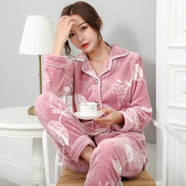 5xl Plus Size Winter Women Engrossar Moreto Flanela Pijamas Conjuntos de Manga Longa Roupas Início Mulheres Sleep Wear Lounge Roupas Início Terno 210622