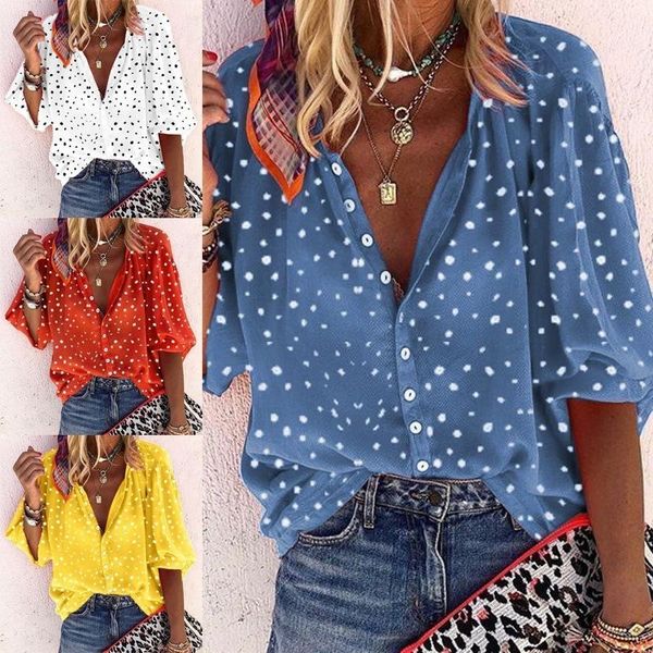 

women's t-shirt women shirt multicolor loose blend summer polka dot snowflake print three-quarter sleeves lapel button casual commuter, White