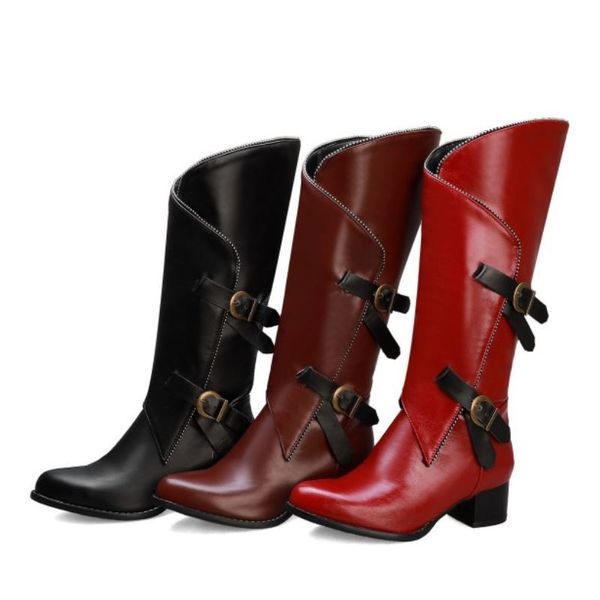 

boots kemekiss vintage style women mid-calf solid color shoes fashion thick heel buckle mujer zapatos size 35-46 rols, Black