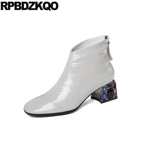 

boots 10 chunky booties plus size shoes beige big square toe patent leather fall short women ankle medium heel high ladies1, Black