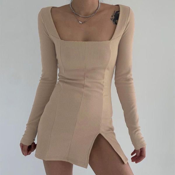 

casual dresses women long sleeve knitted dress split solid square collar slim elastic bodycon party for ladies female sweater, Black;gray