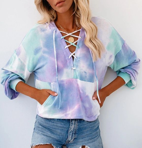 

autumn women tie dye hooded sweatshirts long sleeve casual dstring pullover lace up streetwear hoodies sweatshirtby air, Black;white
