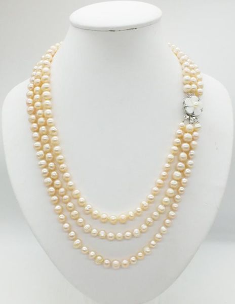

chokers 3 rows 6-7mm natural pink pearl necklace, 19-22 inches, Golden;silver