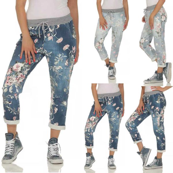 

personalized 2021 women's fashion denim print elastic waist tie casual pants-, Blue