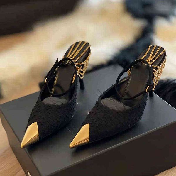 

women's sandals 2022 style early spring with pointed high heels chain baotou fashion women's sandals, Black