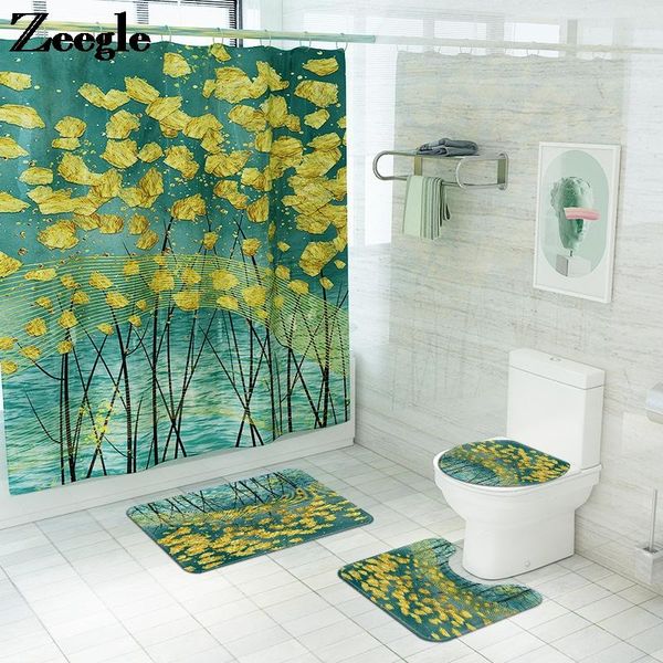 

bath mats leaf print bathroom capet rug non-slip mat set flannel shower curtain waterproof toilet absorbent floor carpet