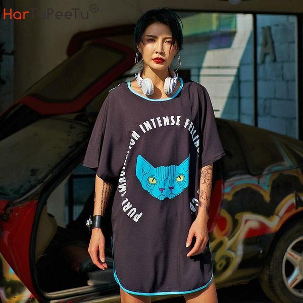 

casual dresses 2021 summer women t shirt dress mini black long tee side split cross backless arc hem letter extraterrestrial cat print pullo, Black;gray