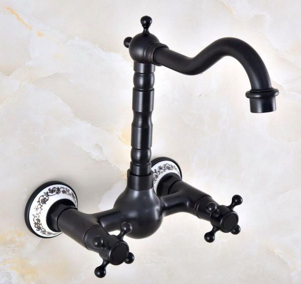 

black oil rubbed bronze bathroom kitchen sink faucet mixer tap swivel spout wall mounted two handles mnf851 faucets