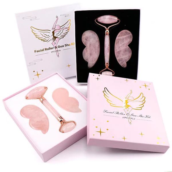 Rullo facciale al quarzo rosa di nuovo stile e set regalo massaggiatore Gua Sha Strumenti per raschiare la pietra di cristallo naturale Strumenti per il massaggio del viso Salute Collo Bellezza Disintossicazione della pelle