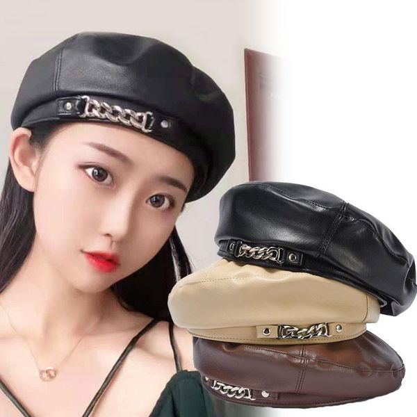 

berets women hat pu leather beret fashion retro iron buckle painter cap wild octagonal women's kepi female autumn, Blue;gray