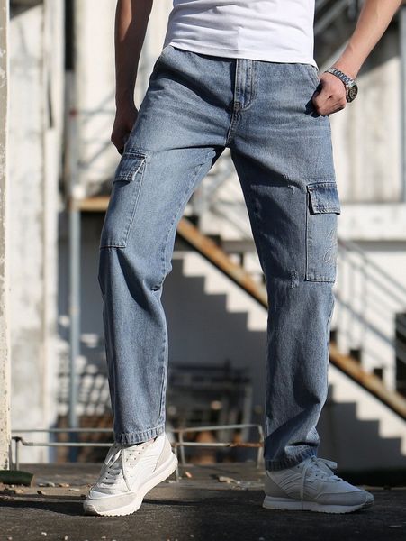 

men slogan graphic flap pocket cargo jeans v4q5#, Blue