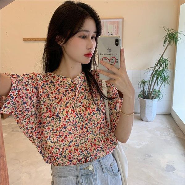 

women's blouses & shirts chiffon shirt summer short sleeve sunscreen 2021 sweet thin french floral top, White