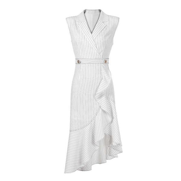 

perhaps u woman elegant black white office lady button notched collar sleeveless ruffle knee length work dress d0738 210529, Black;gray