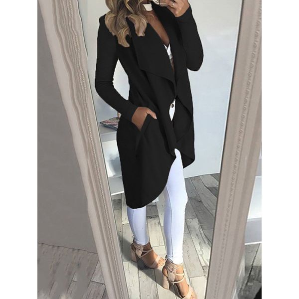 

new 2020 autumn winter women elegant waterfall solid trench cardigan ladies long sleeve jumper open stitch jacket coat womens, Tan;black