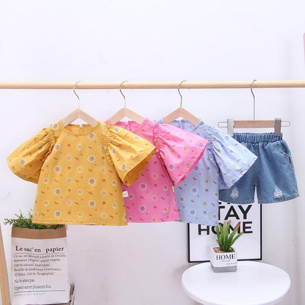 

summer fashion kid girls clothes set cartoon print puff sleeve t shirt denim shorts 2pcs outfit clothing sets, White