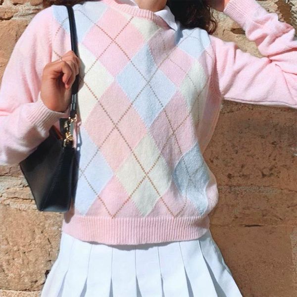 

women's sweaters women long sleeve pink sweater crew neck argyle plaid knitted loose jumper d08e, White;black