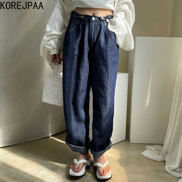 

korejpaa women jean summer korean chic retro high waist adjustable button design straight wash blue wide-leg denim trousers 210526