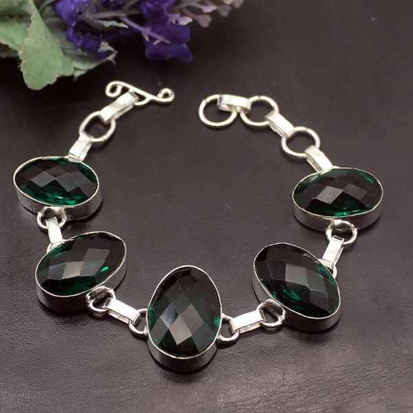 

link, chain dazzling gentle natural green z925 sterling silver links bracelet 8 inch a159, Black