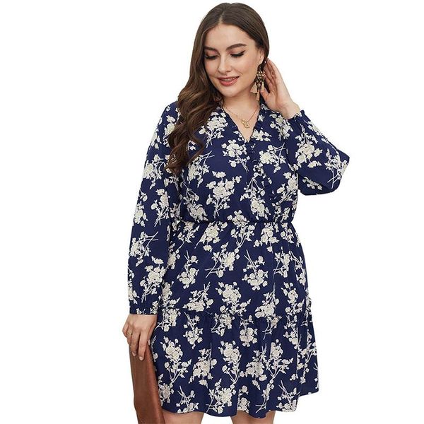 

casual dresses spring summer 2021 fashion floral 4xl short dress women's v neck long sleeve printed waist large size for ladies, Black;gray
