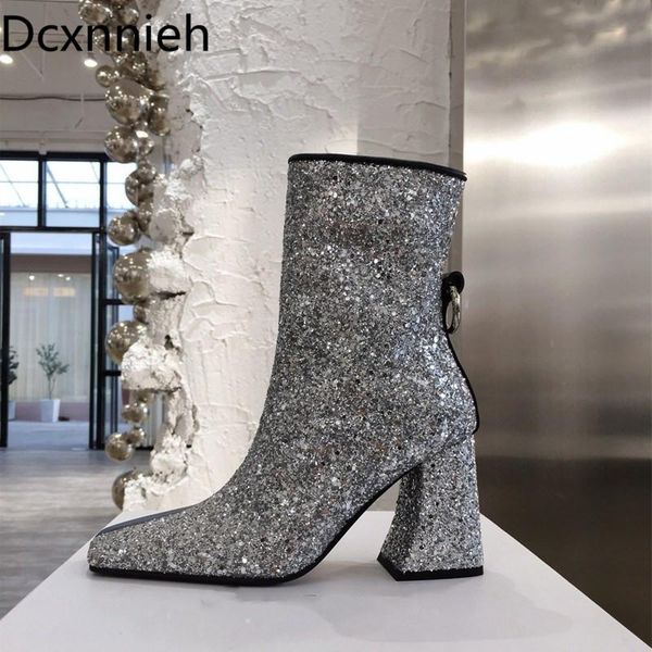 

boots crystal square toe brand shoes chunky heels ankle for women real leather short patchwork silver woman, Black