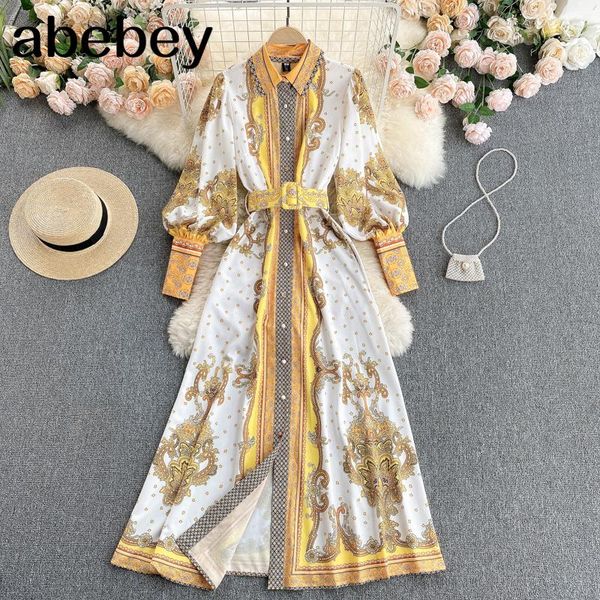 

casual dresses women retro print long dress turndown-collar sleeve button sashes 2021 spring bohemian a-line, Black;gray
