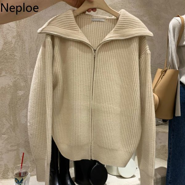

neploe zipper sailor collar cardigan winter clothes knitted sweaters women pull mujer solid color casual sueter coat 4g164 210422, Black;brown