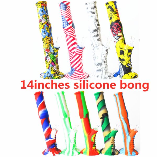 Narghilè Due tubi di fumo di bong in silicone di design con ciotola di vetro e downstem 14 pollici Tipo di tubo dritto rimovibile