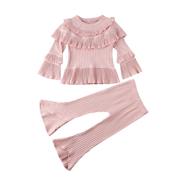 

1-6y toddler baby girl clothes sets solid ruffle long sleeve t-shirt long pants outfits autumn clothes, White