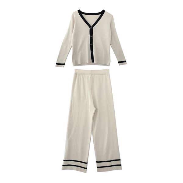 

women v neck knitted single breasted full sleeve black beige length wide leg pants set autumn elastic t0006 210514, White