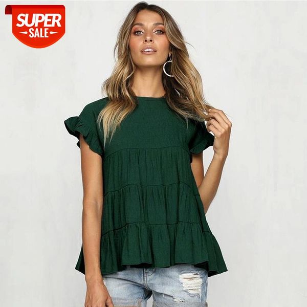 

summer fashion butterfly sleeve t shirt women solid ruffles o neck casual 2020 new #fs5g, White